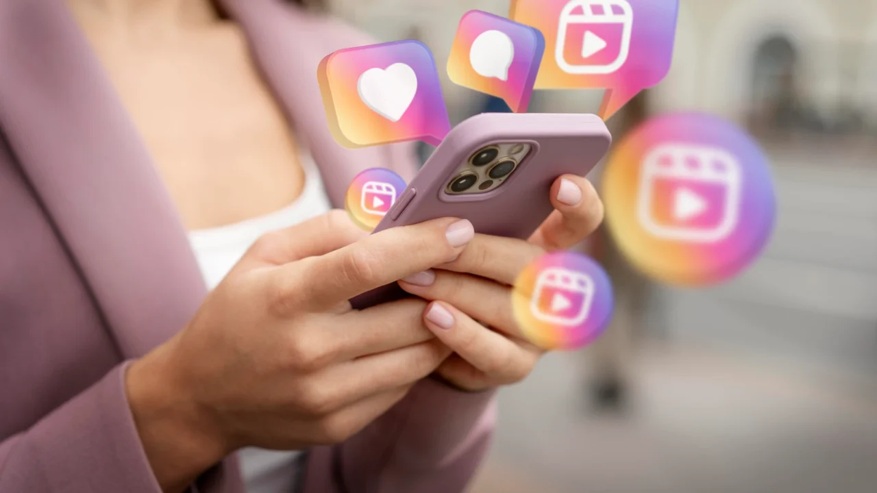 Mujer utilizando su teléfono con iconos flotantes de Instagram como corazones, reels y mensajes, representando la interacción en redes sociales.
